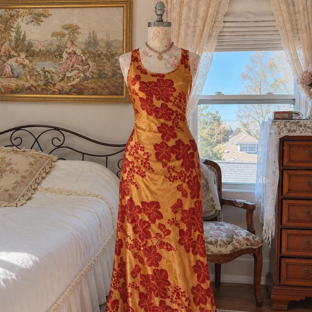 RARE Valentino 90s intimate collection floral gold and red maxi dress valentino